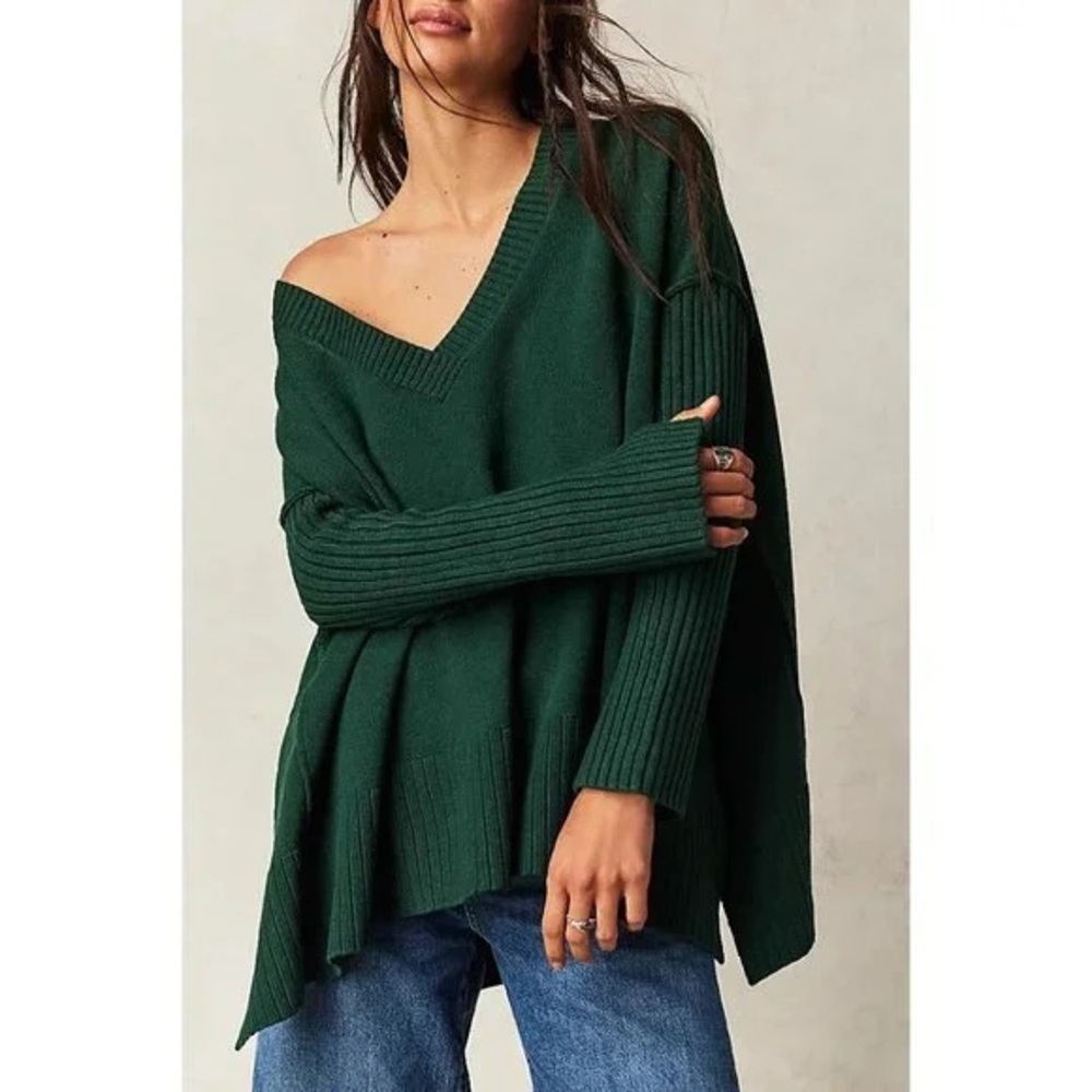 Free People Green Oversized Orion V-Neck Sweater- S